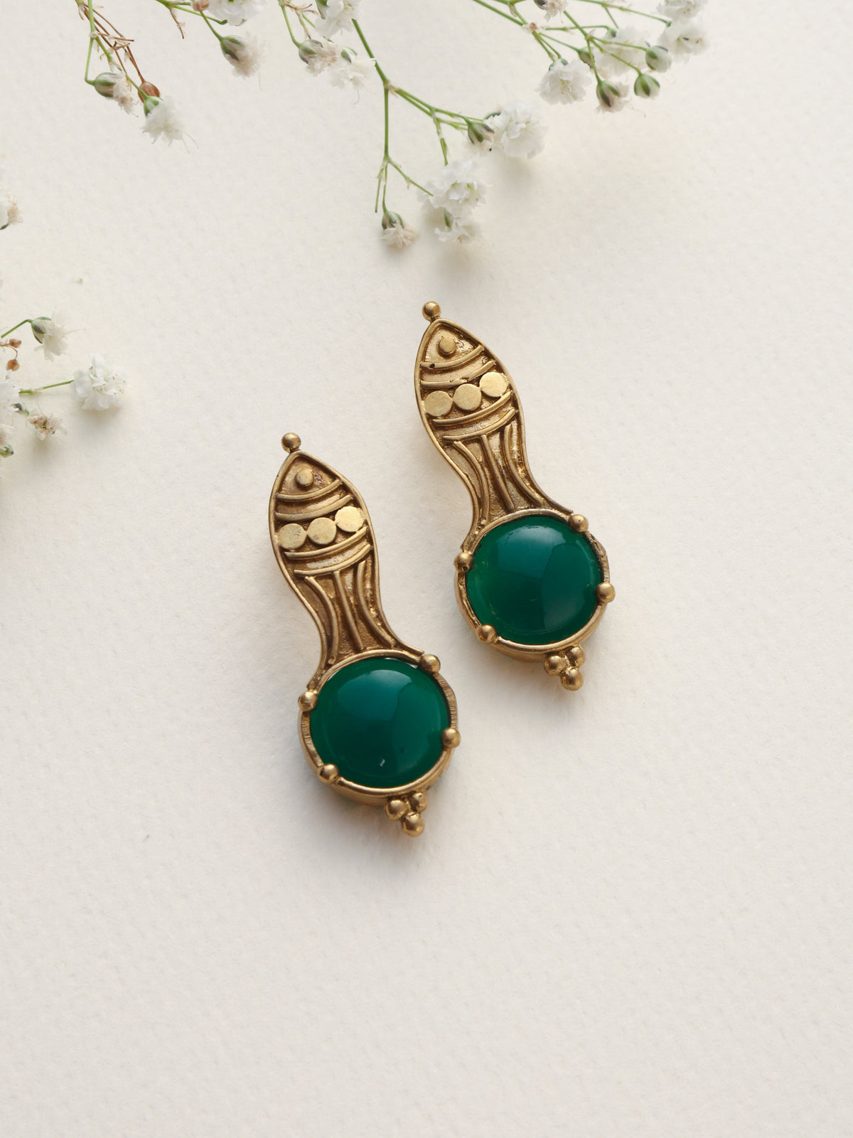 trueBrowns Brass Green Stone Abstarct Earrings | Grocsy