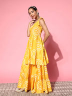 InWeave Women's Yellow Bandhani Motif Shoulder Tie Up Kurta Set | Grocsy