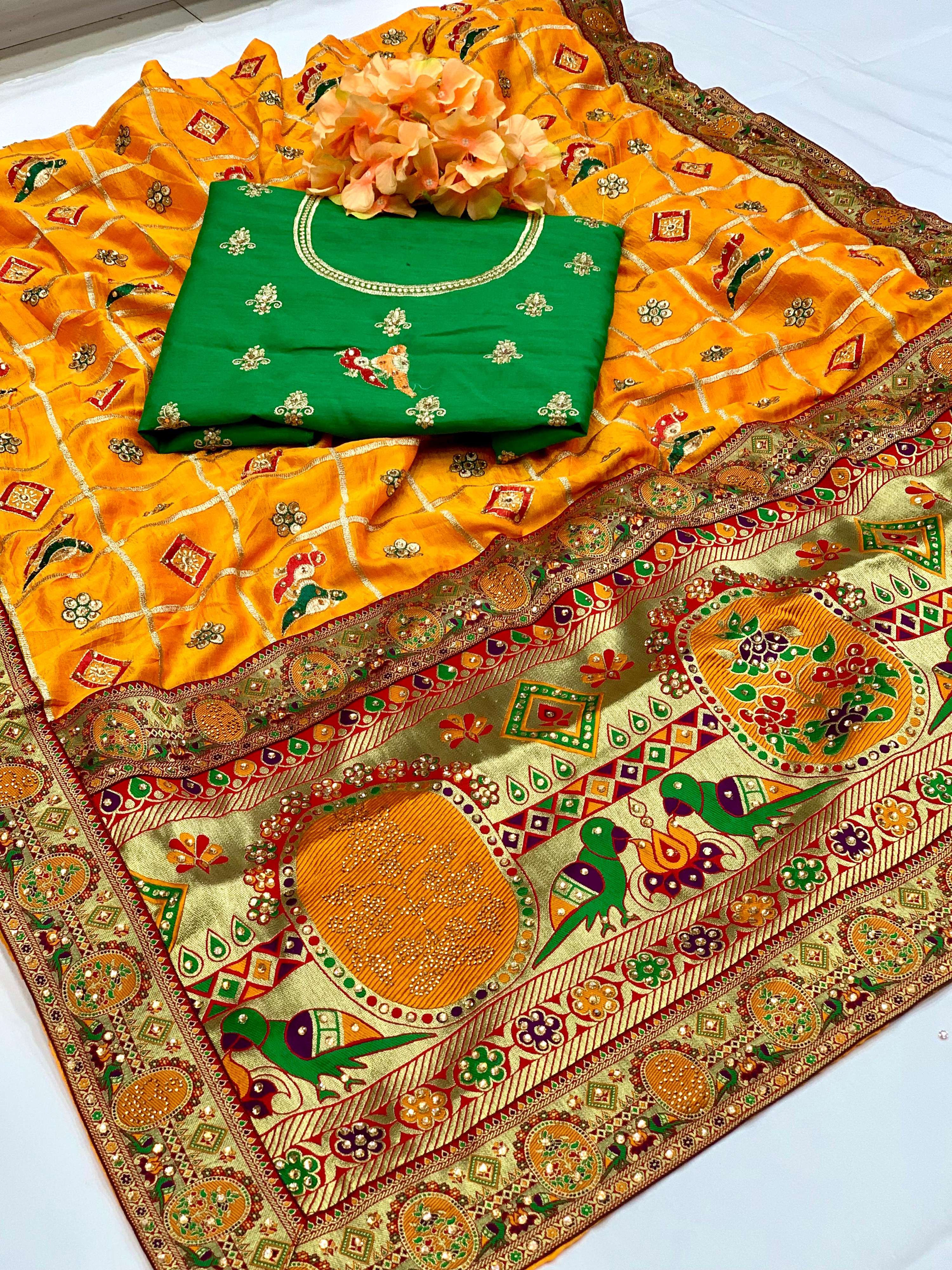 Lorenvalley Fashion Premium Yellow Vichitra Silk Embroidery and Diamond work Both Side Saree | Grocsy