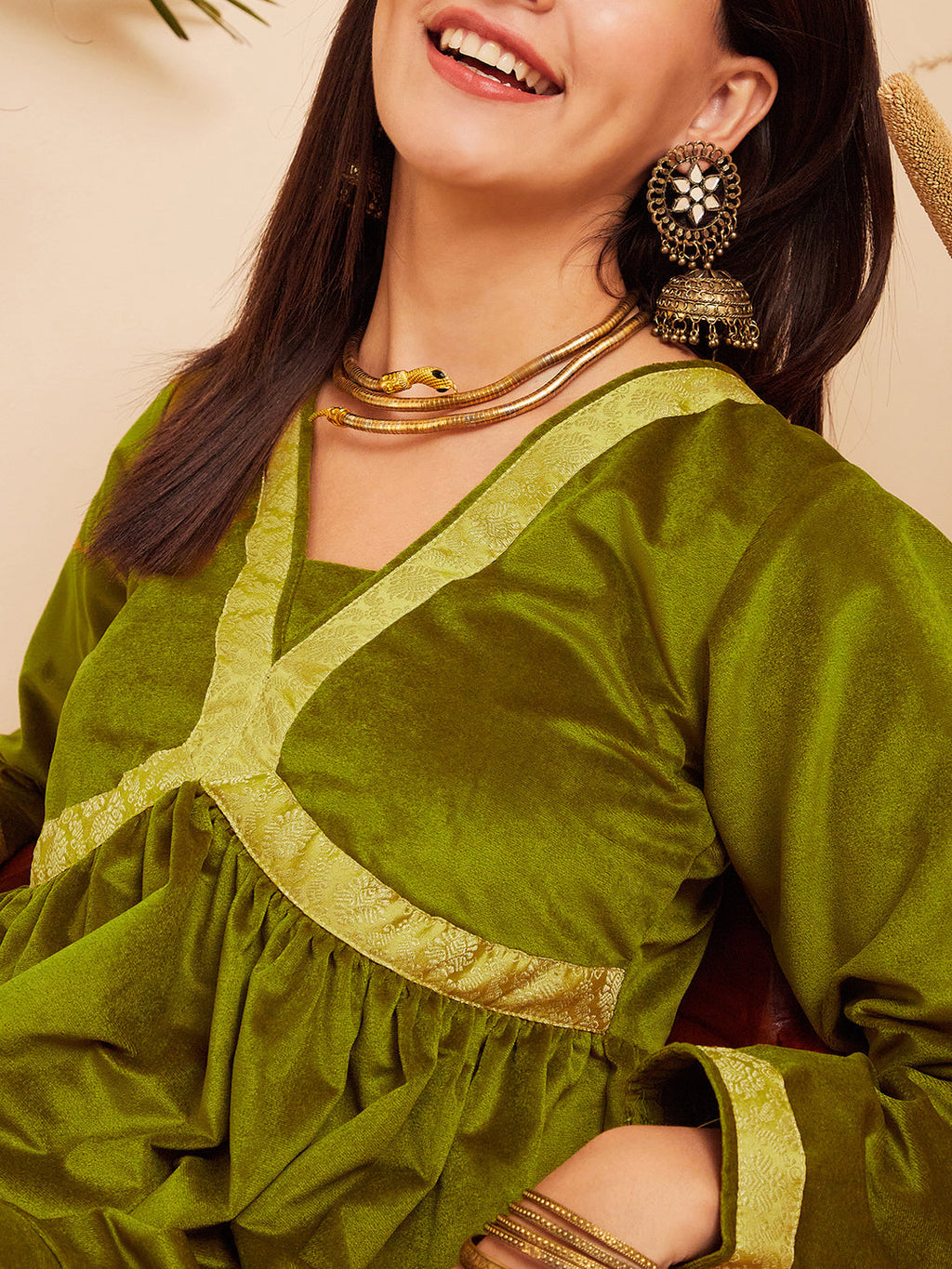 InWeave Women's Olive Mughal Shaan Style Velvet Short Kurta Set | Grocsy