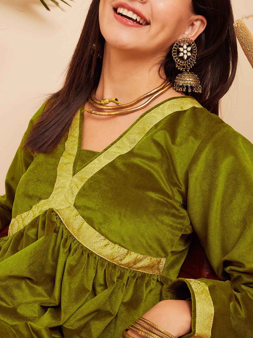 InWeave Women's Olive Mughal Shaan Style Velvet Short Kurta Set | Grocsy
