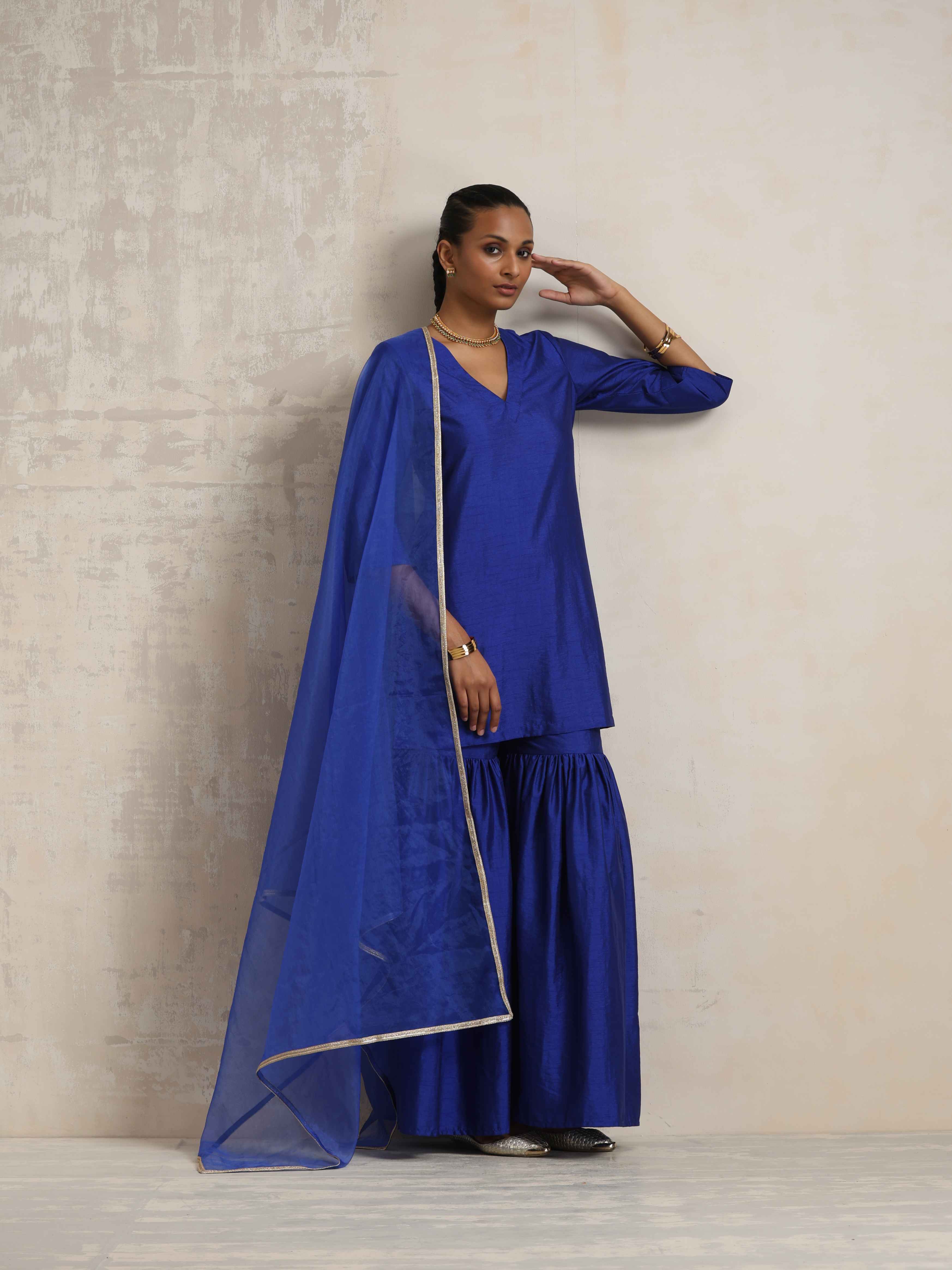 trueBrowns Electric Blue Sharara Dupatta Set | Grocsy