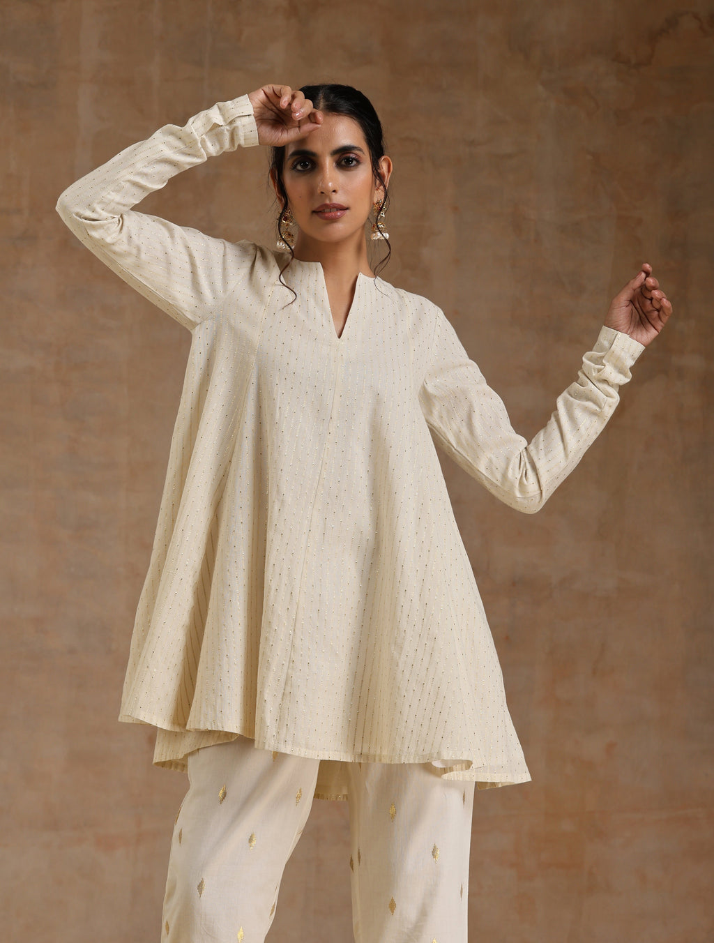 trueBrowns Ivory Gold Cotton Flared Co-Ord Set | Grocsy