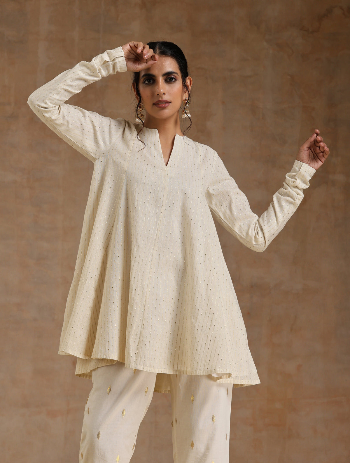 trueBrowns Ivory Gold Cotton Flared Co-Ord Set | Grocsy