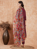 InWeave Women's Dark Burgundy Alia Neck Style Gota Set W Organza Dupatta | Grocsy