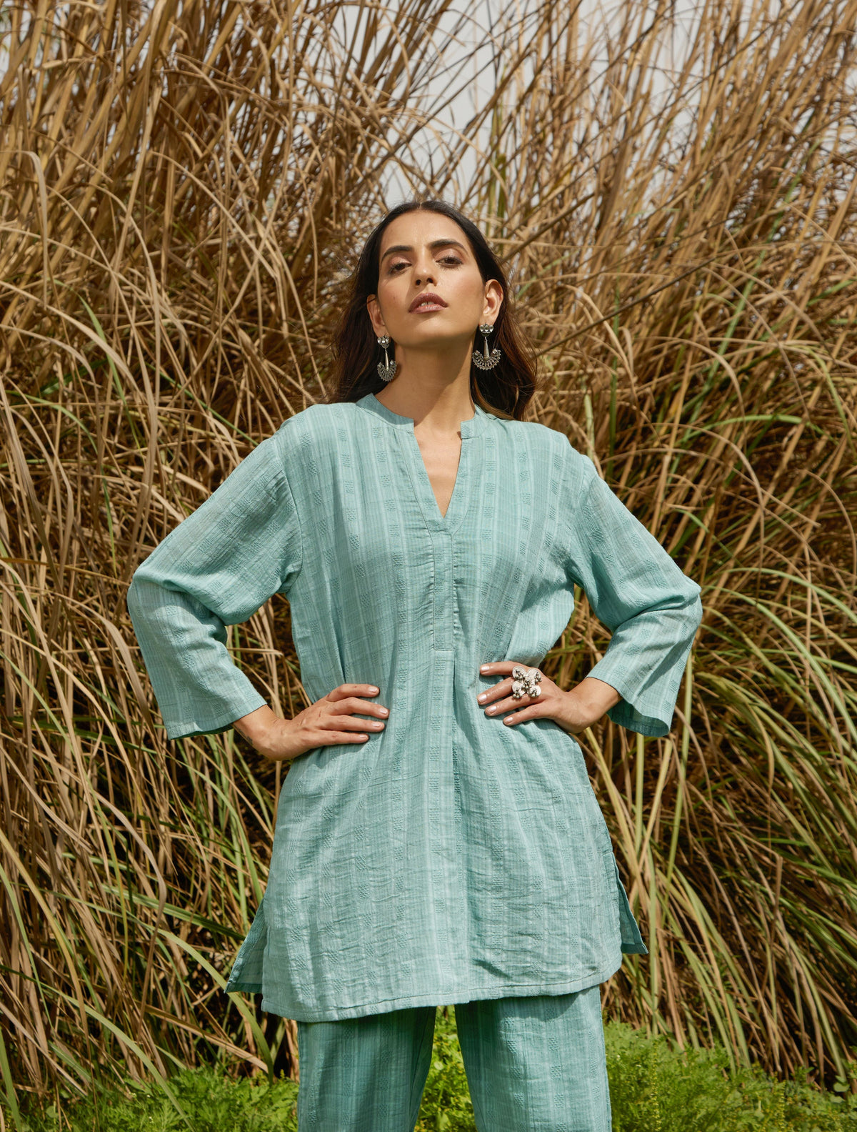 trueBrowns Light Blue Cotton Dobby Relaxed Co-ord Set | Grocsy