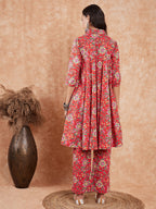 InWeave Women's Red Yellow Floral Print Flared Kurta Pant Set | Grocsy