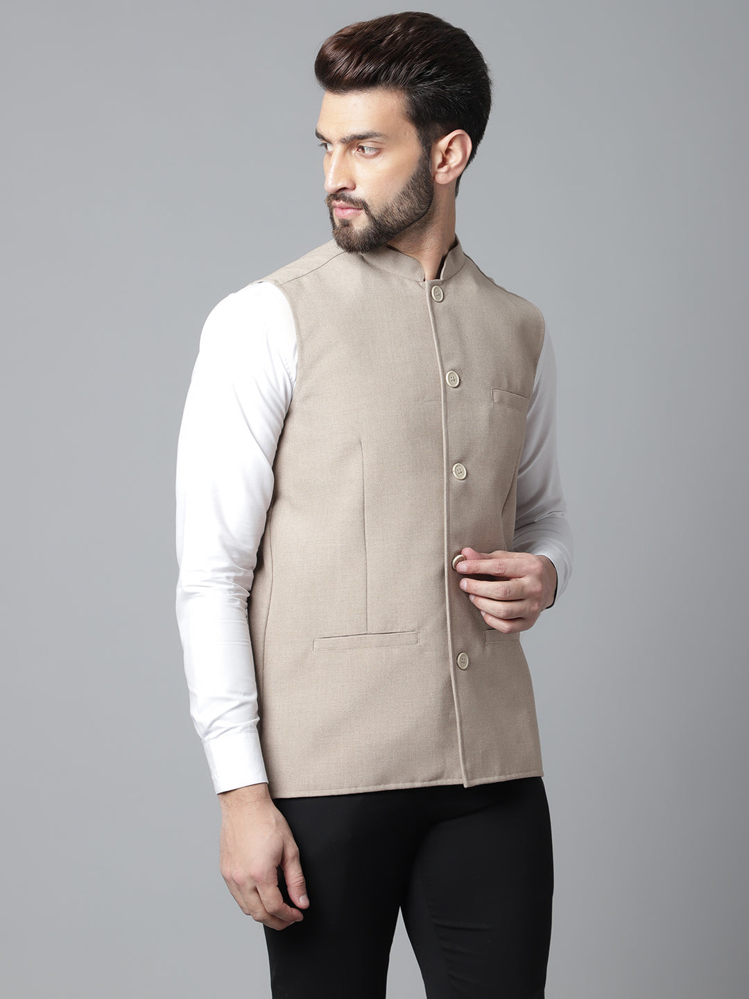 Even Apparels Men's Brown Nehru Jacket With Welt Pockets | Grocsy