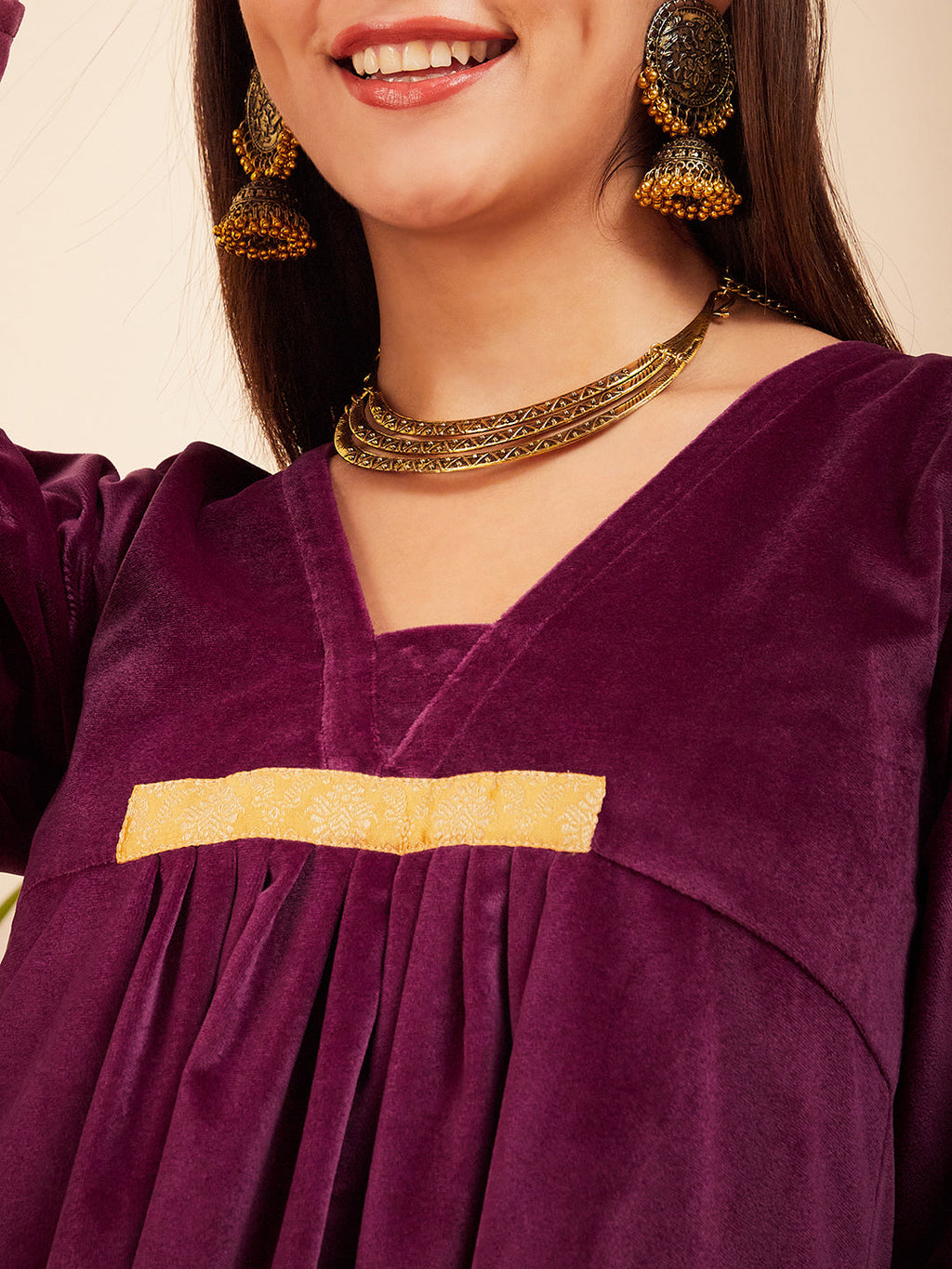 InWeave Women's Wine V Neck Asymmetrical Pleated Velvet Kurta Set | Grocsy