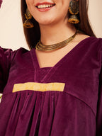 InWeave Women's Wine V Neck Asymmetrical Pleated Velvet Kurta Set | Grocsy