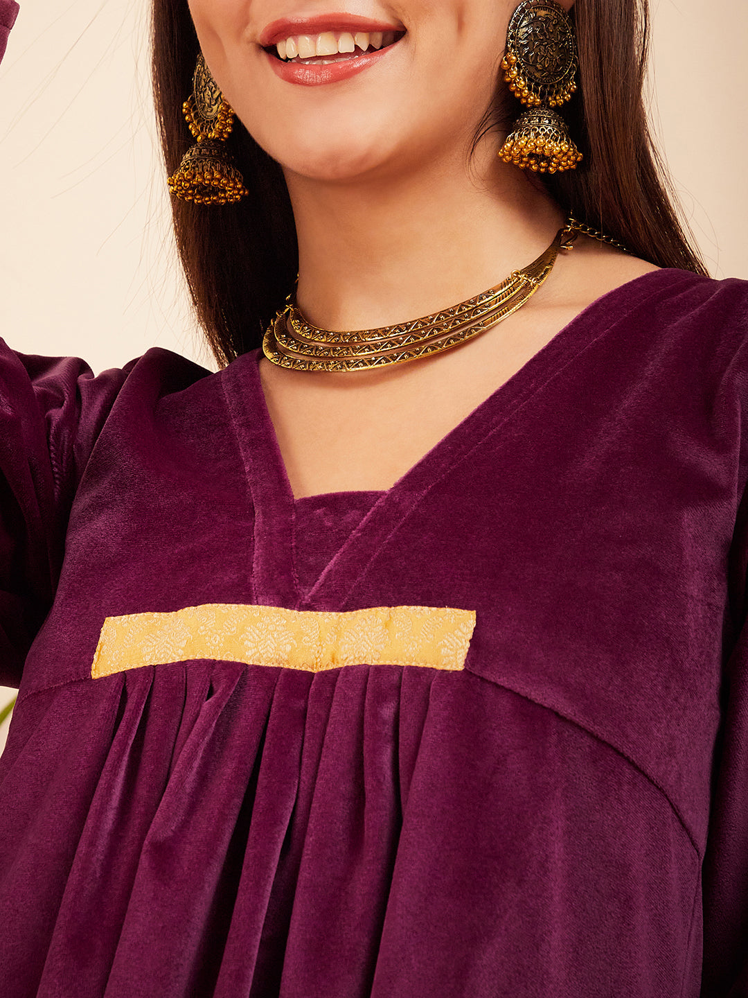 InWeave Women's Wine V Neck Asymmetrical Pleated Velvet Kurta Set | Grocsy