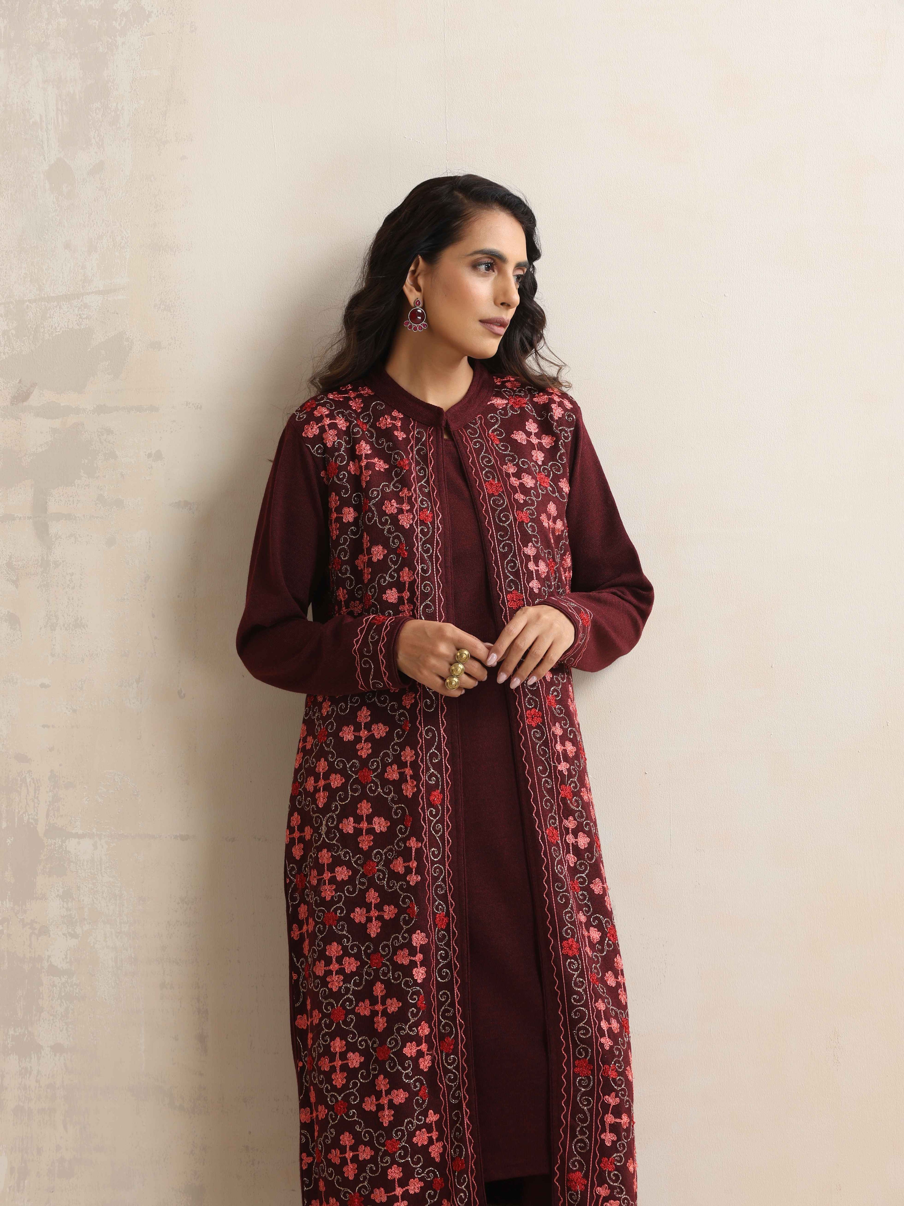 trueBrowns Purple Kashmiri Woollen Jacket 3pc Set | Grocsy