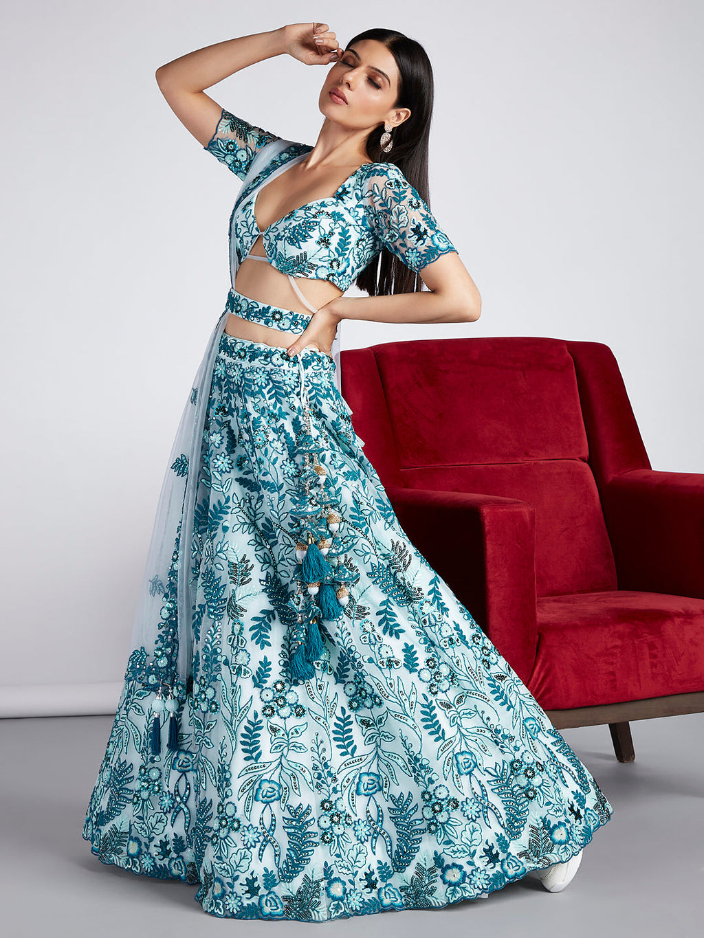 House of Panchhi Turquoise Blue Net Sequins, Mirror And Thread Embroidery Lehenga Choli & Dupatta | Grocsy