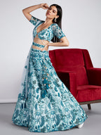 House of Panchhi Turquoise Blue Net Sequins, Mirror And Thread Embroidery Lehenga Choli & Dupatta | Grocsy