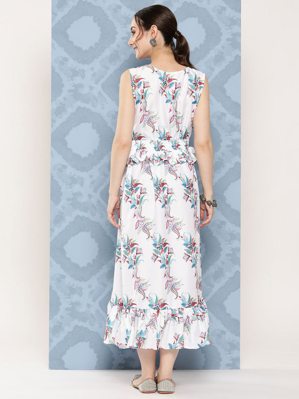 InWeave Women's White Floral Paisley Print Long Frill Dress | Grocsy