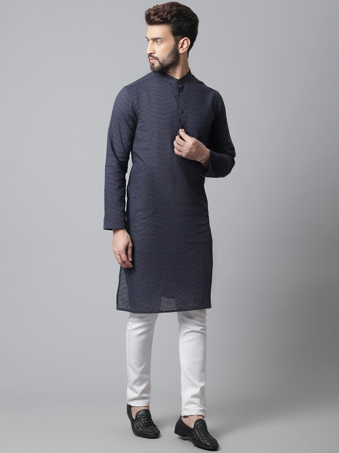 Even Apparels Blue Pure Cotton Kurta With Band Collar | Grocsy