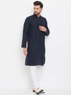 Even Apparels Blue Pure Cotton Kurta With Band Collar | Grocsy