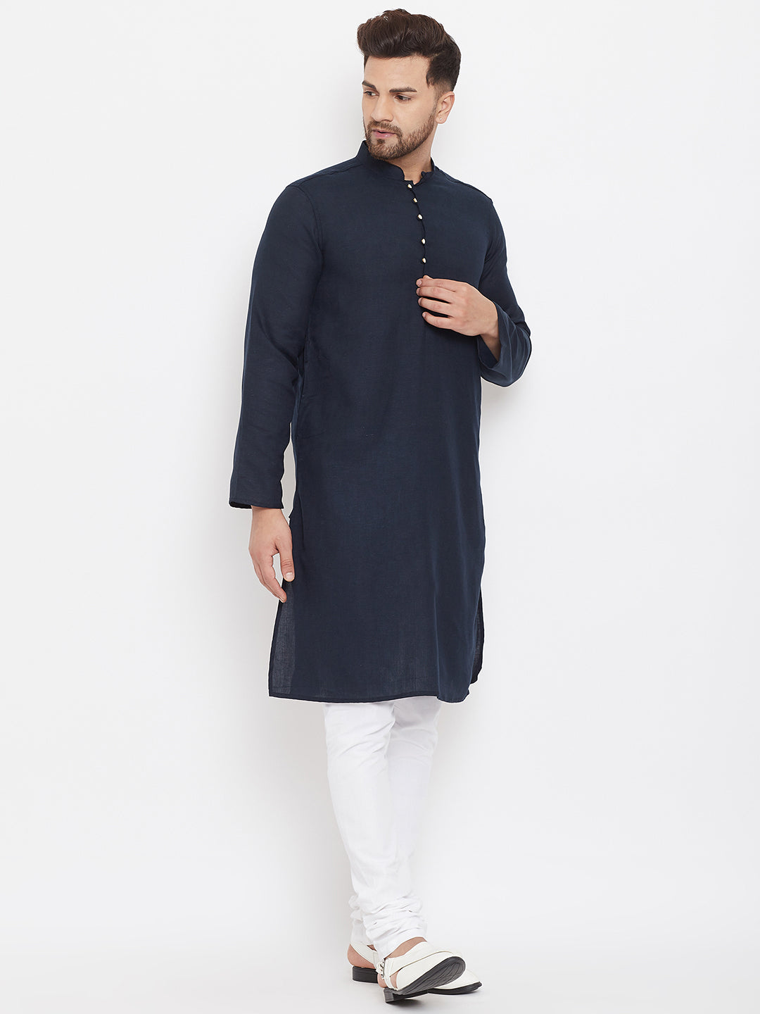 Even Apparels Blue Pure Cotton Kurta With Band Collar | Grocsy