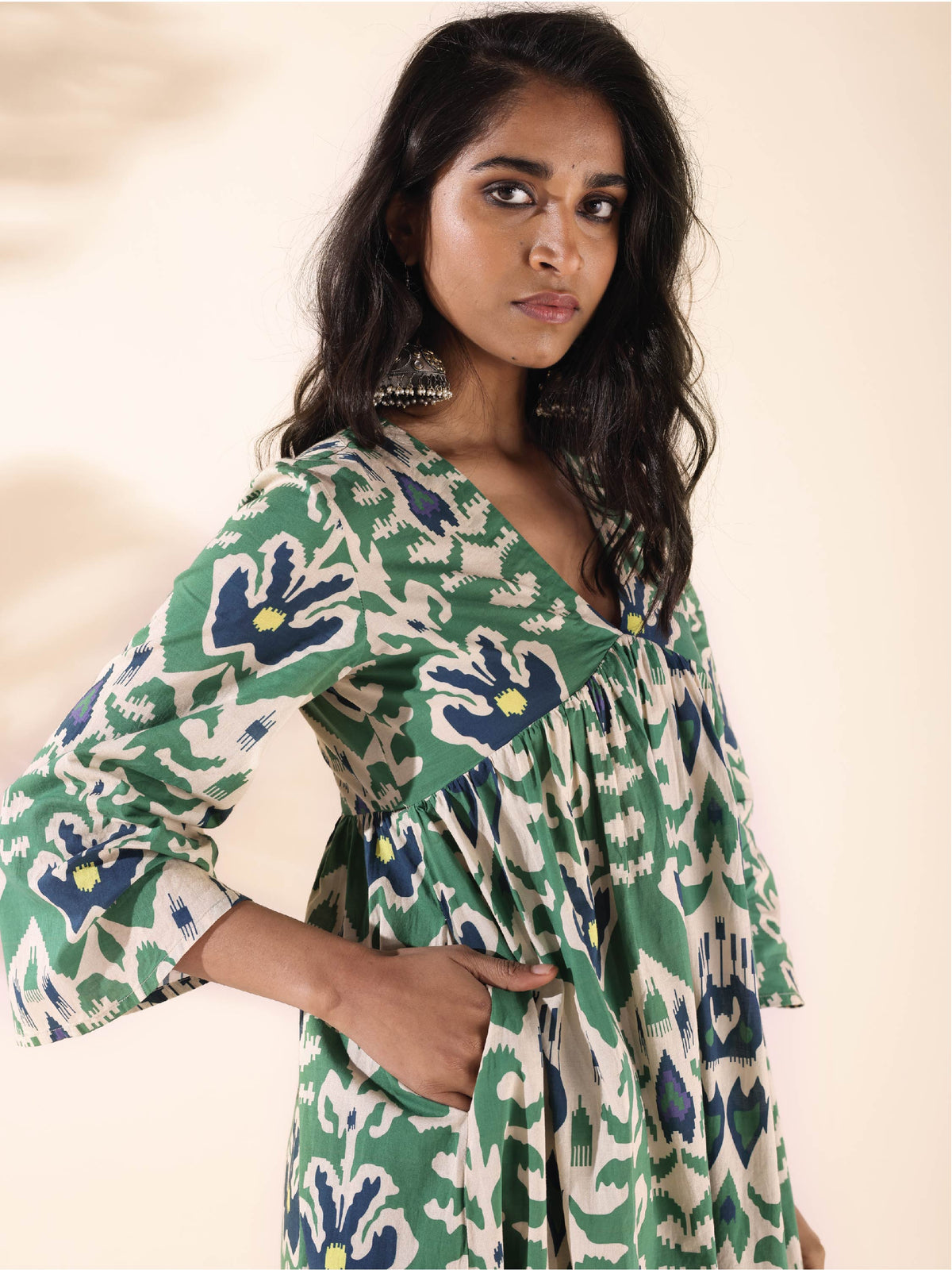 trueBrowns Green Cotton Ikat Flared Kurta Pant Set | Grocsy