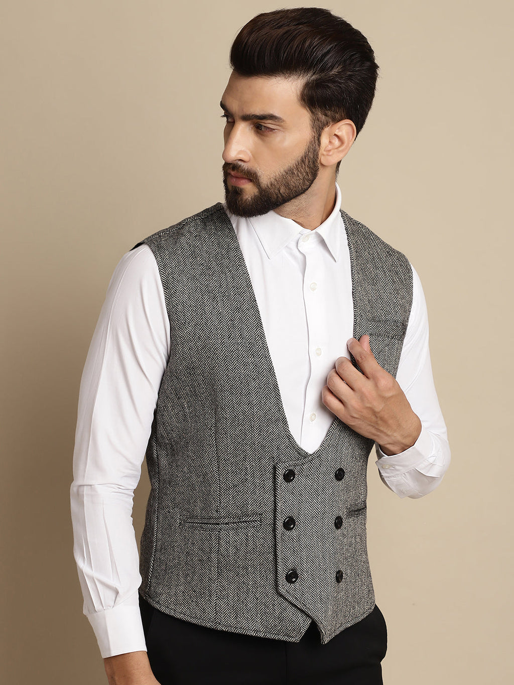 Even Apparels Men's Grey Woolen Double Breast Waistcoat | Grocsy