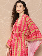 Ahalyaa Women Printed Flared Sleeves Gotta Patti Belted Detail Crepe Kaftan Kurta | Grocsy