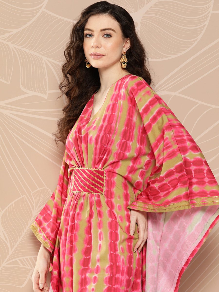 Ahalyaa Women Printed Flared Sleeves Gotta Patti Belted Detail Crepe Kaftan Kurta | Grocsy