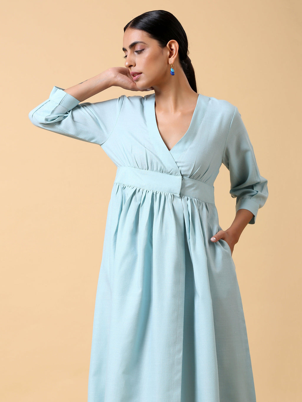 trueBrowns Cotton Linen Light Blue Wrap Dress | Grocsy