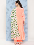 InWeave Women's Peach Tiered Kurta Set With White Pink Lotus Cr Dupatta | Grocsy
