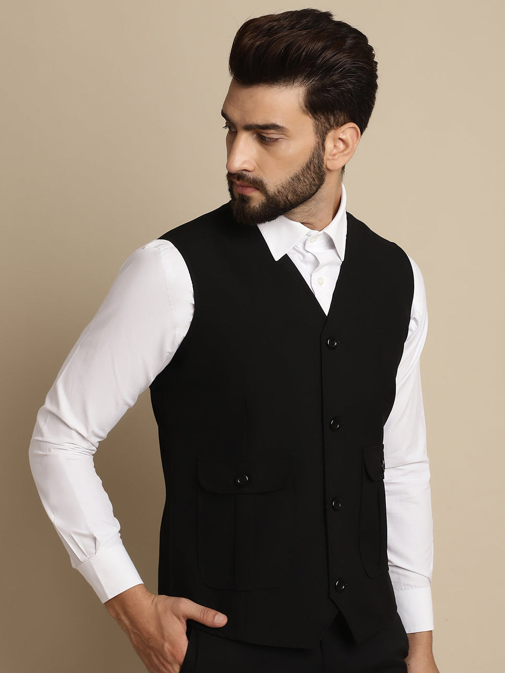 Even Apparels Men's Black Waistcoat With Patch Pocket | Grocsy