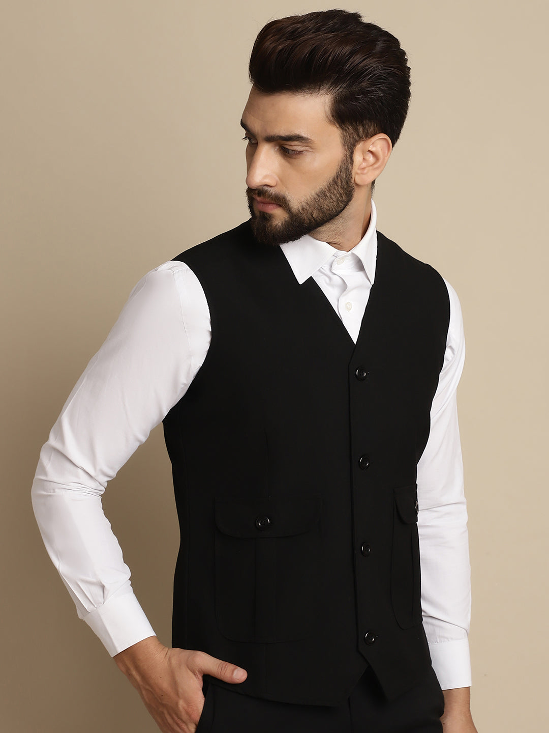 Even Apparels Men's Black Waistcoat With Patch Pocket | Grocsy