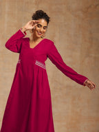 trueBrowns Rani Pink Velvet Embroidered Kurta | Grocsy