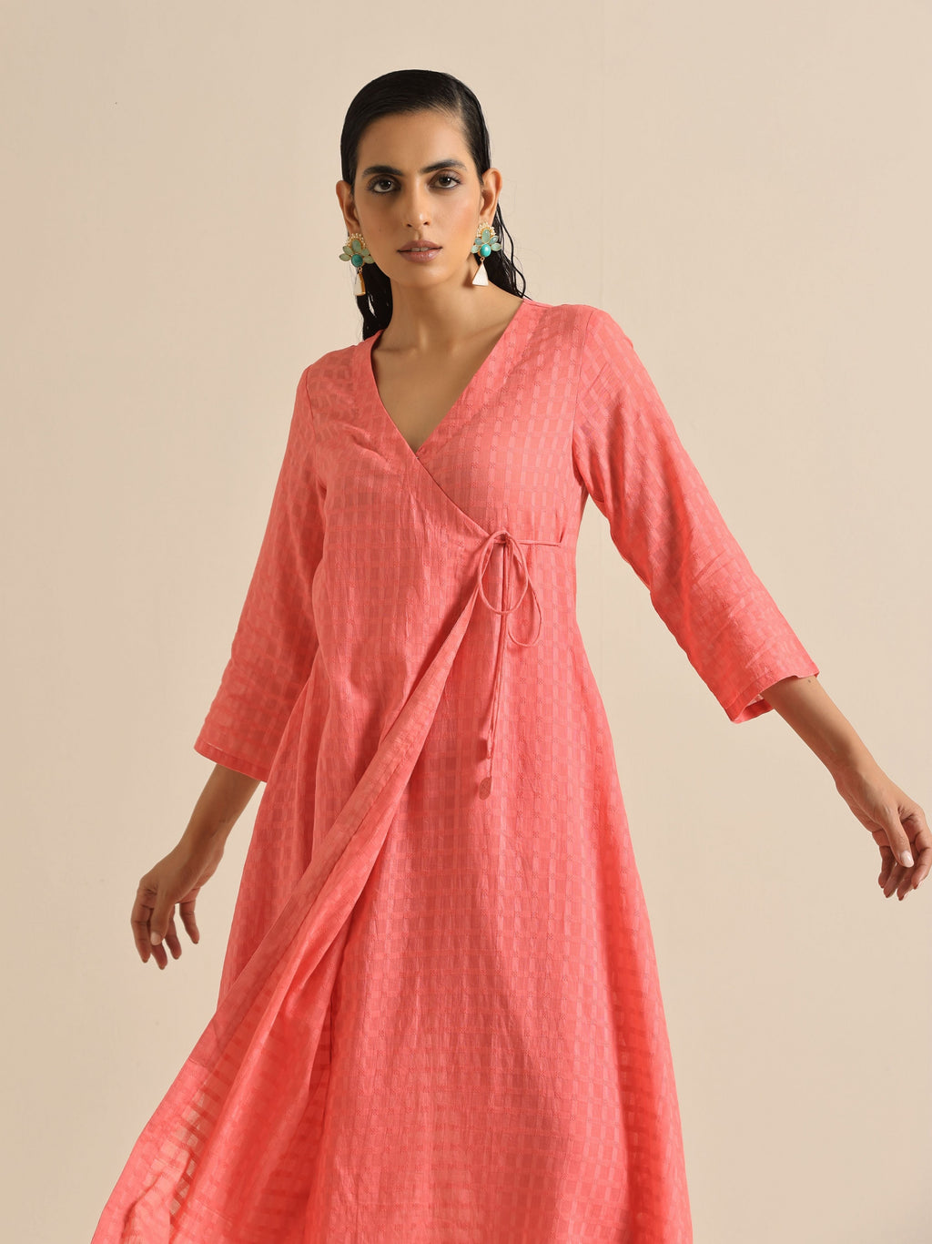 trueBrowns Bright Pink Dobby Angrakha Kurta Pant Set | Grocsy