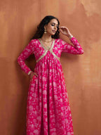 trueBrowns Red Print Flared Anarkali Kurta Set | Grocsy