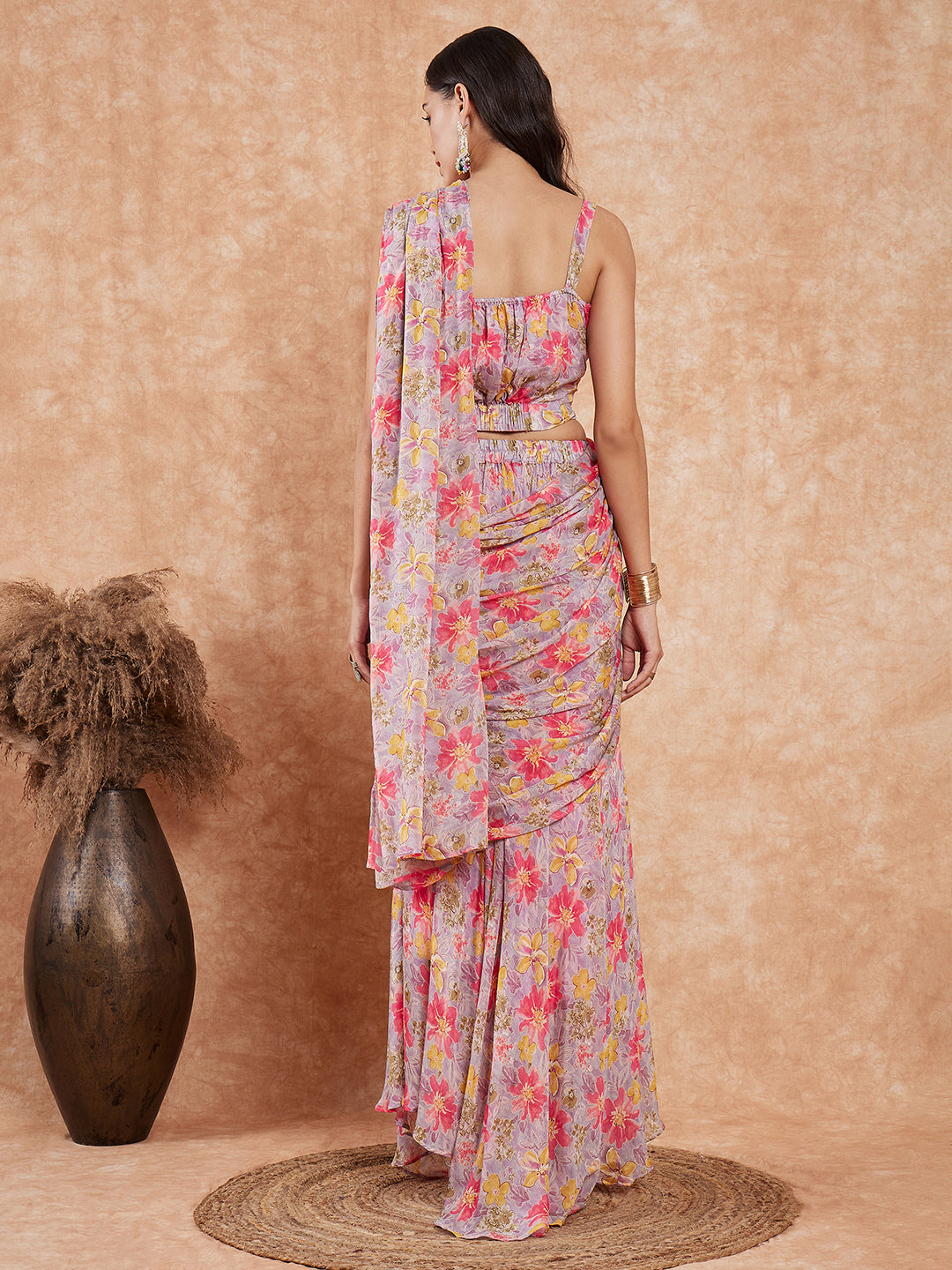 InWeave Women's Pastel Mauve Hibiscus Floral Skirt Saree | Grocsy