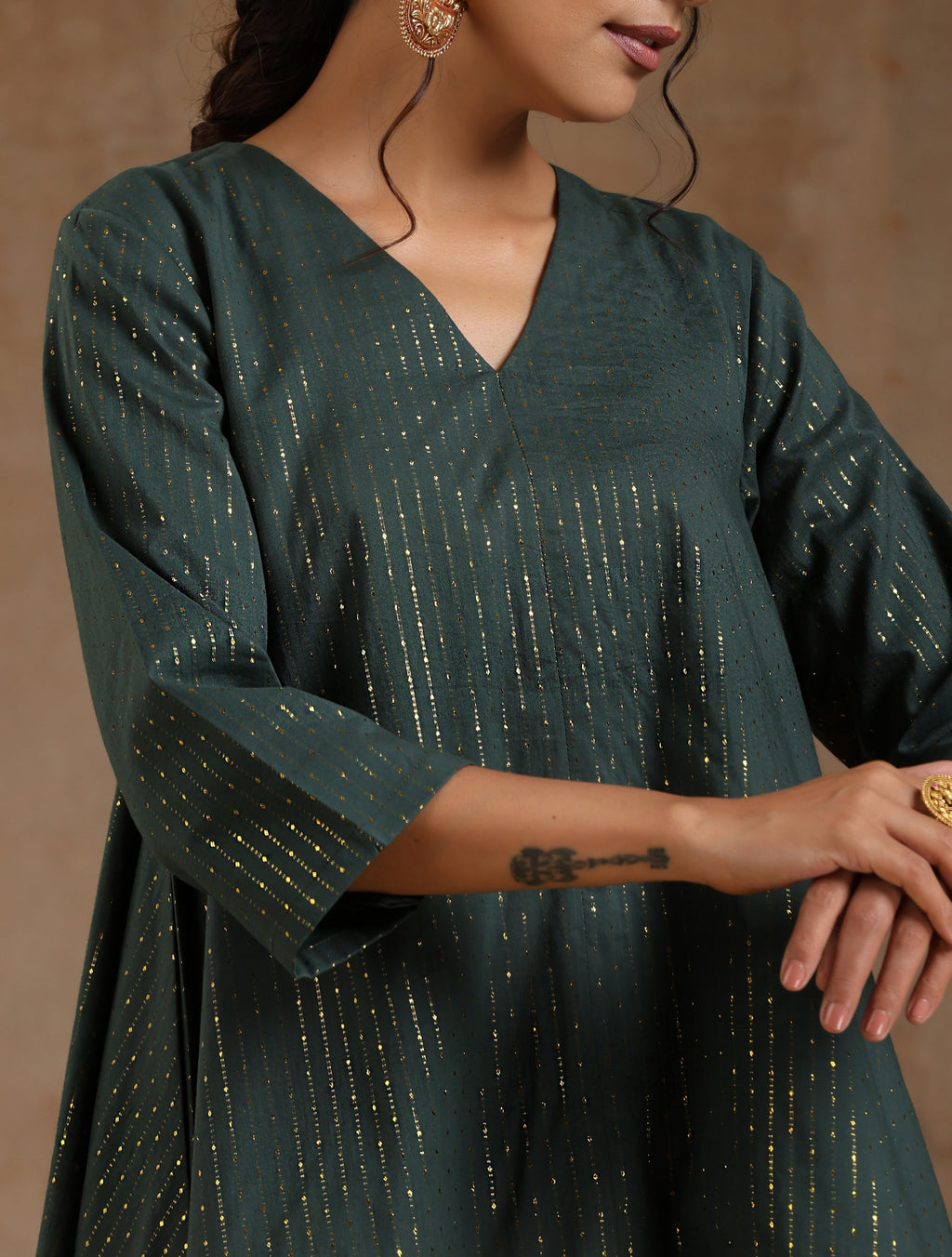 trueBrowns Dark Green Gold Cotton High-Low Co-Ord Set | Grocsy
