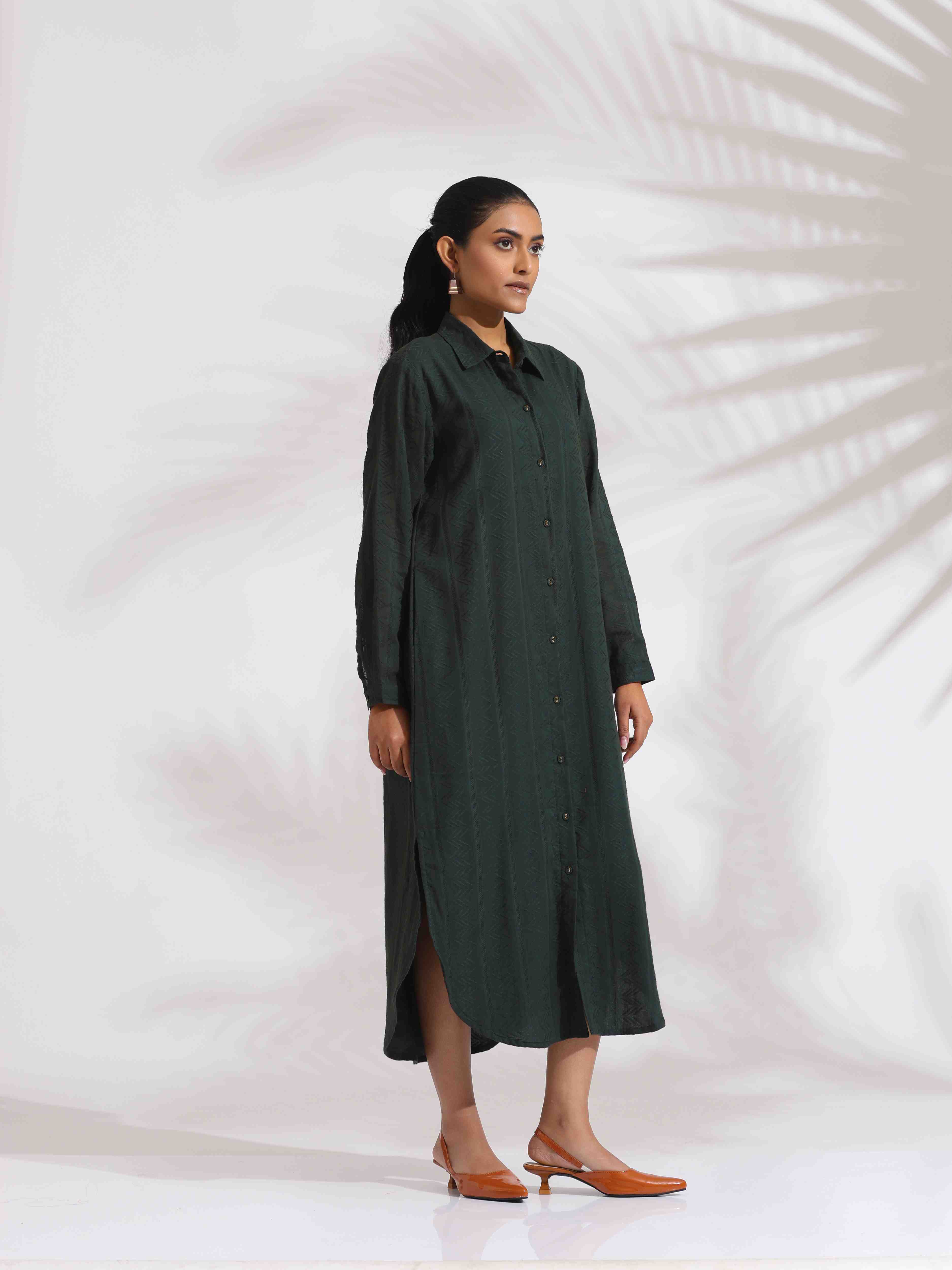 trueBrowns Green Cotton Shirt Dress | Grocsy