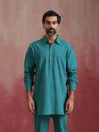 trueBrowns Men's Teal Cotton Shirt Collar Stylized Kurta Co-ord set | Grocsy