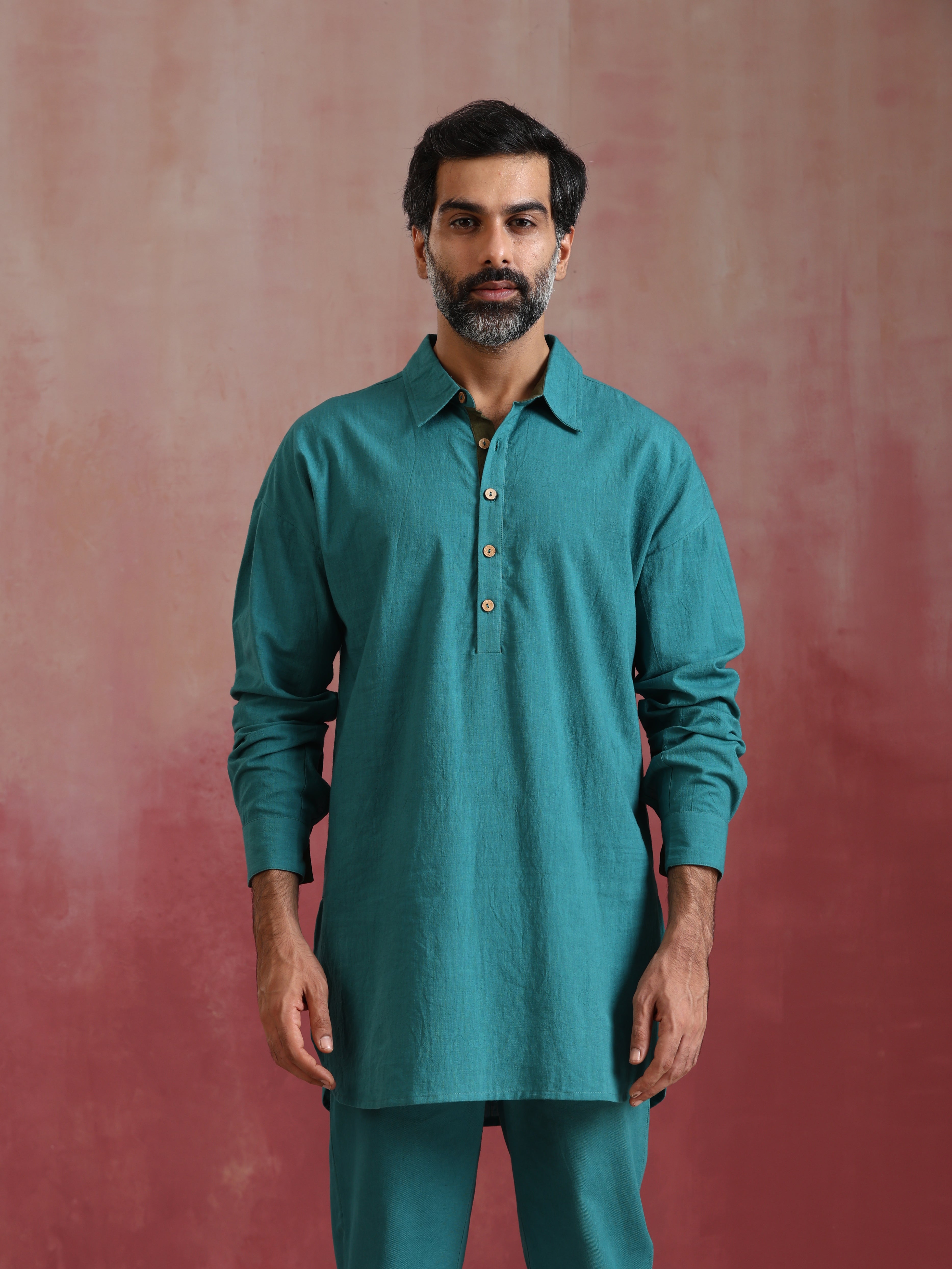trueBrowns Men's Teal Cotton Shirt Collar Stylized Kurta Co-ord set | Grocsy