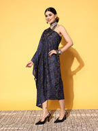 InWeave Women's Indigo Boota Print One Shoulder Kaftan Dress | Grocsy