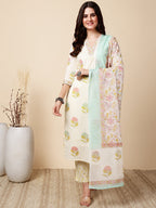 Antaran Cream Pure Cotton Floral Printed Kurta Pant And Dupatta Set | Grocsy