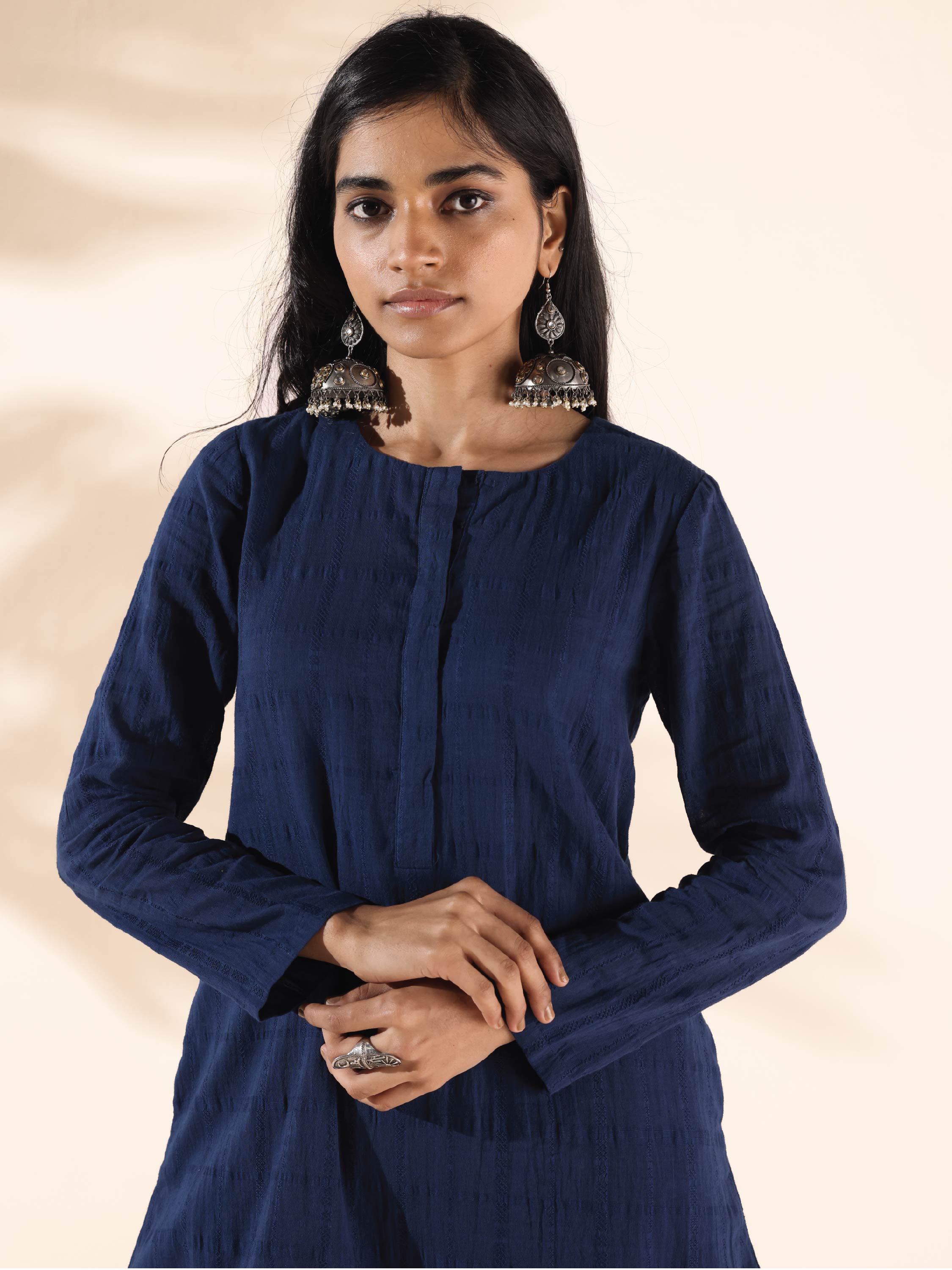 trueBrowns Blue Cotton Dobby Relaxed Co-ord Set | Grocsy