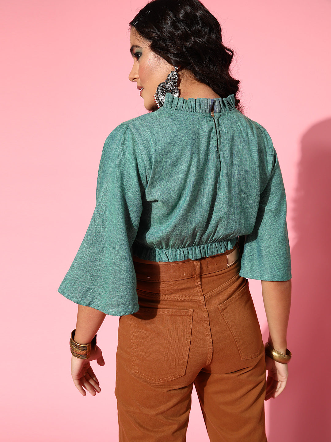 InWeave Women's Teal Blue High Neck Crop Top | Grocsy