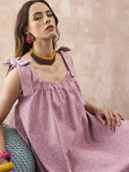 InWeave Dull Pink Linen Round Pleat Bow Dress | Grocsy