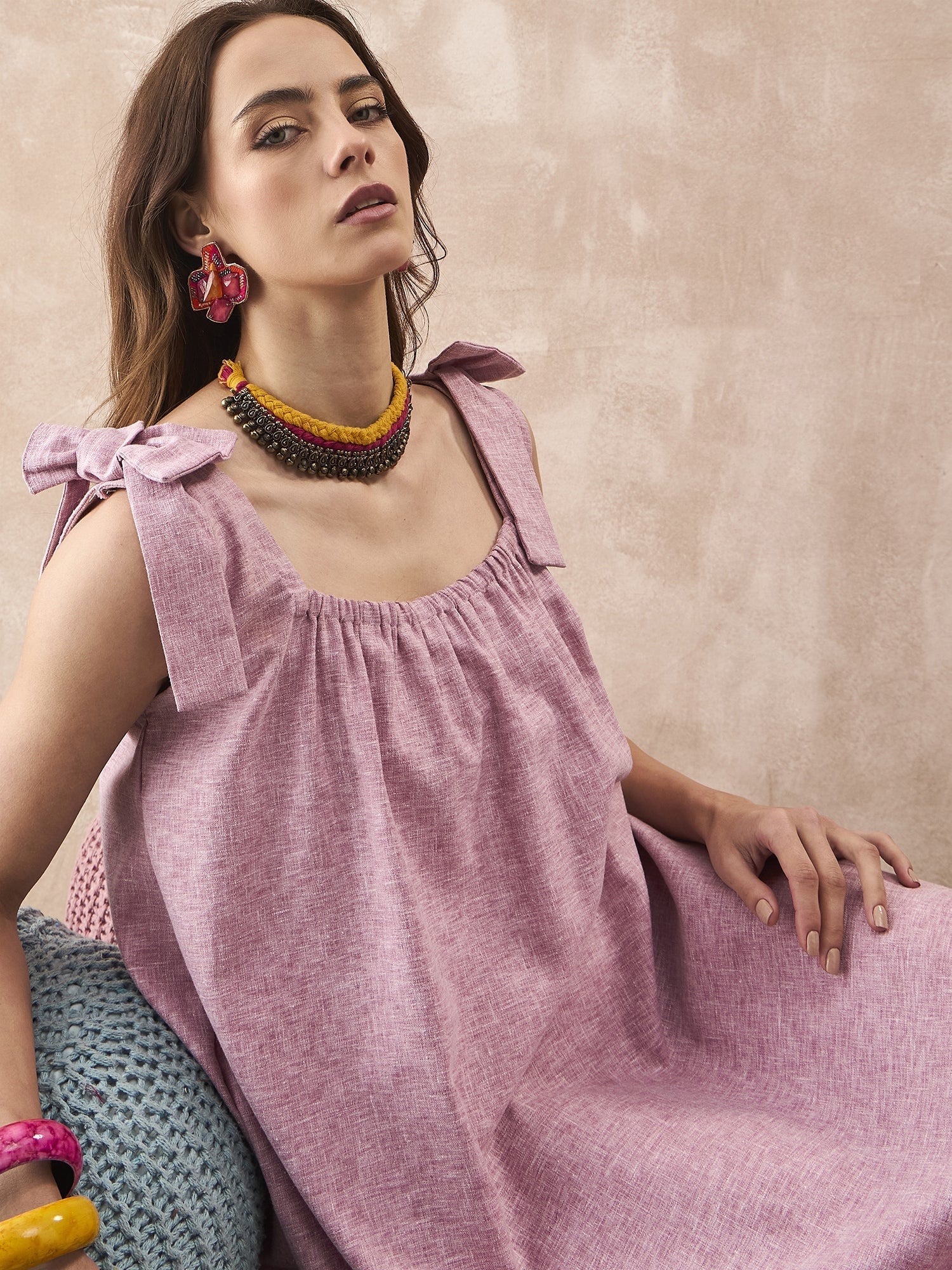 InWeave Dull Pink Linen Round Pleat Bow Dress | Grocsy