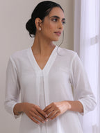 trueBrowns White Dobby Neck Pleat Kurta Pant Set | Grocsy
