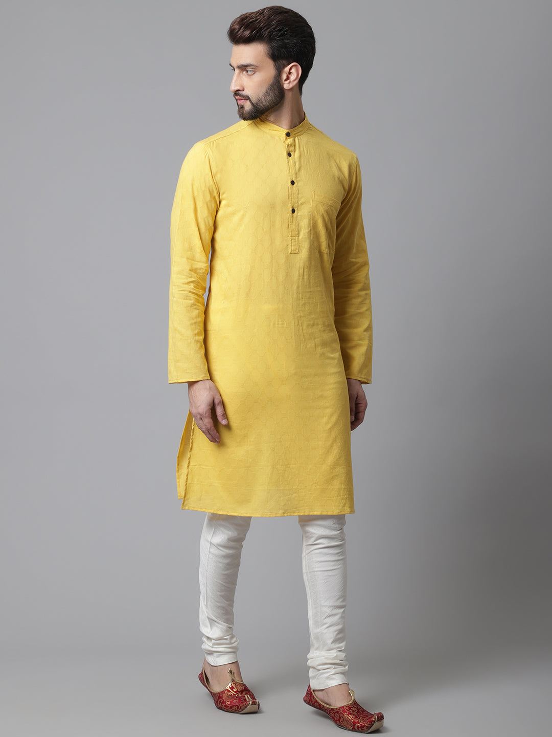 Even Apparels Yellow Pure Cotton Kurta With Band Collar | Grocsy