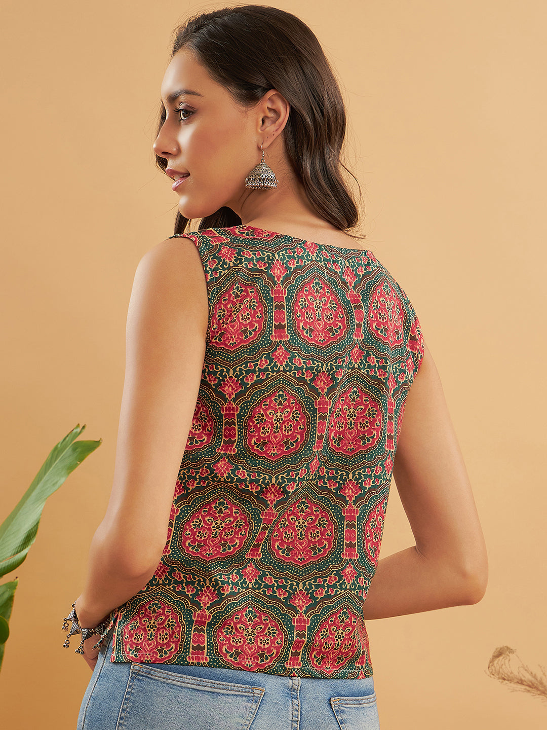 InWeave Green Red Mughal Kalamkari Top | Grocsy