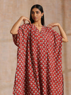 trueBrowns Rust Red Bagru Floral Print Cotton Panel Kaftan Kurta Pant Set | Grocsy