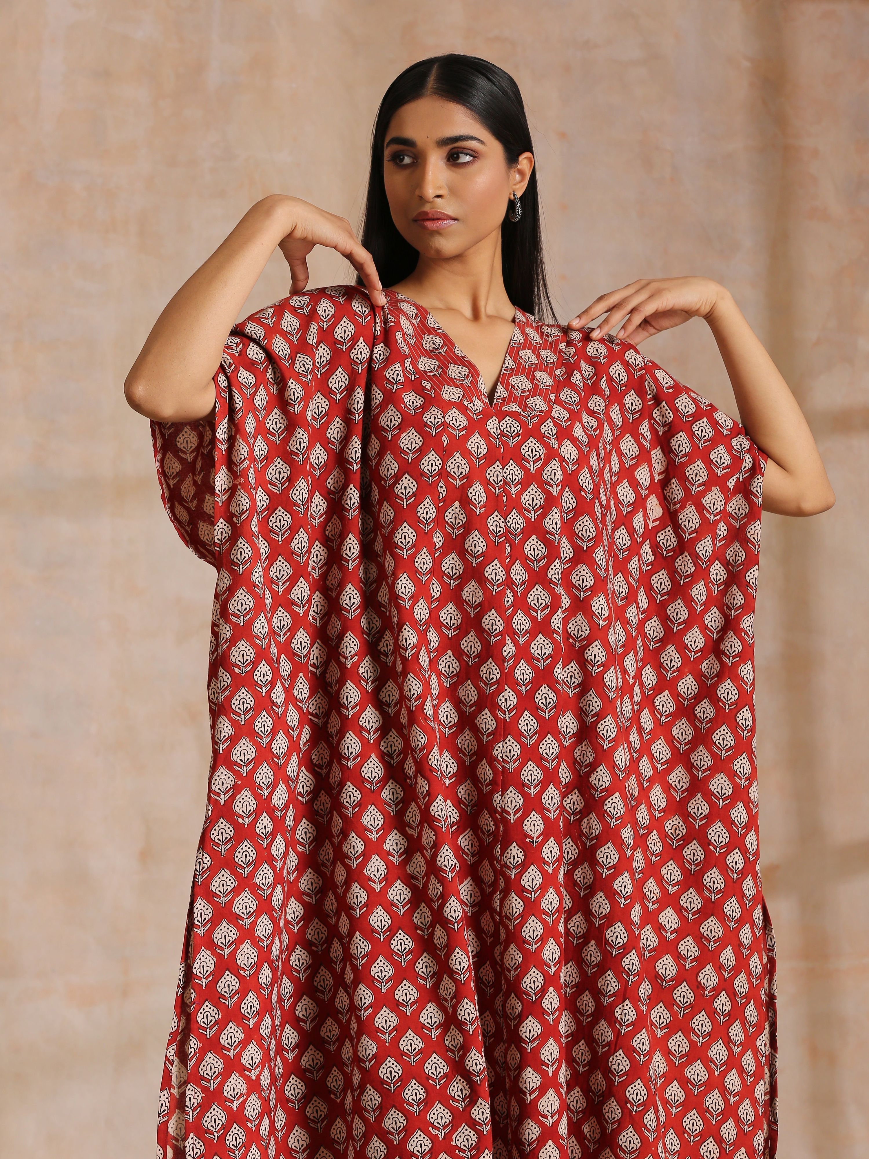 trueBrowns Rust Red Bagru Floral Print Cotton Panel Kaftan Kurta Pant Set | Grocsy