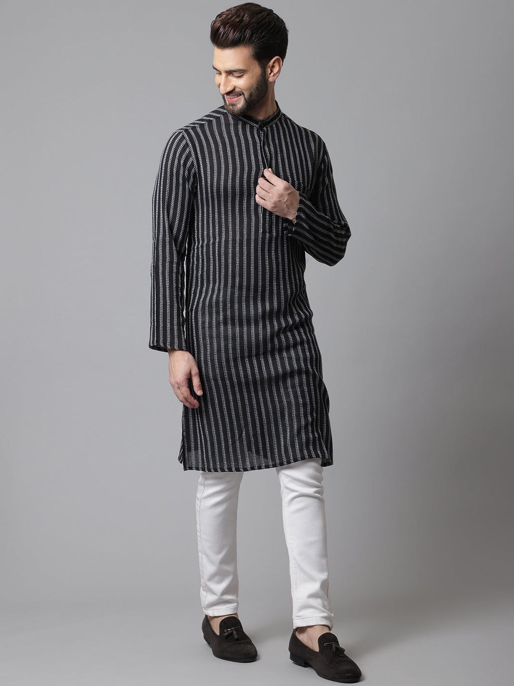 Even Apparels Black Pure Cotton Kurta With Band Collar | Grocsy